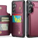 Vinich for Samsung Galaxy S25 Wallet Case with Card Holder, RFID Blocking Credit Slots Kickstand Shockproof Phone Cover for Women Men, Wine Red