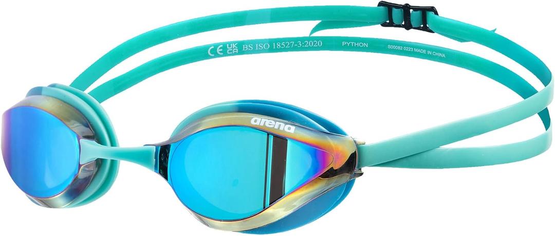 ARENA Unisex Python Racing Swim Goggles for Men and Women Anti-Fog No Leak Max Comfort Dual Strap, Mirror/Non-Mirror Lens (Turquoise/Water/Blue Cosmo)