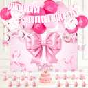 Pink Bow Birthday Party Supplies Decoration, Coquette Birthday Decorations Include Bow Themed Backdrop Banner Hanging Swirls Cake Topper Balloons for Girls and Women.