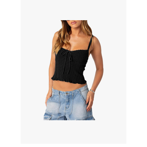 Women Y2k Lace Trim Tank Crop Tops Knit Spaghetti Strap Sleeveless Cami Shirt Sexy Summer Going Out Top M