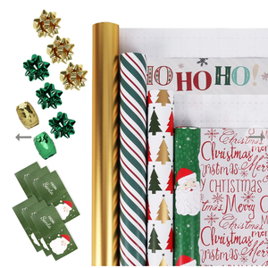 LaRibbons Christmas Wrapping Paper Set, Classic Santa & Stripe Design with Gift Bow & Ribbons & Tags, Perfect for Holiday, Party, Xmas Celebration,30 Inch X 10 Feet (4Rolls, 100 sq.ft.ttl.)