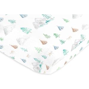 SwaddleDesigns Softest Cotton Muslin Fitted Crib Sheet, Toddler Sheet for Boys & Girls, Fits Standard Crib Mattress (28 x 52 inches), Watercolor Mountains & Trees