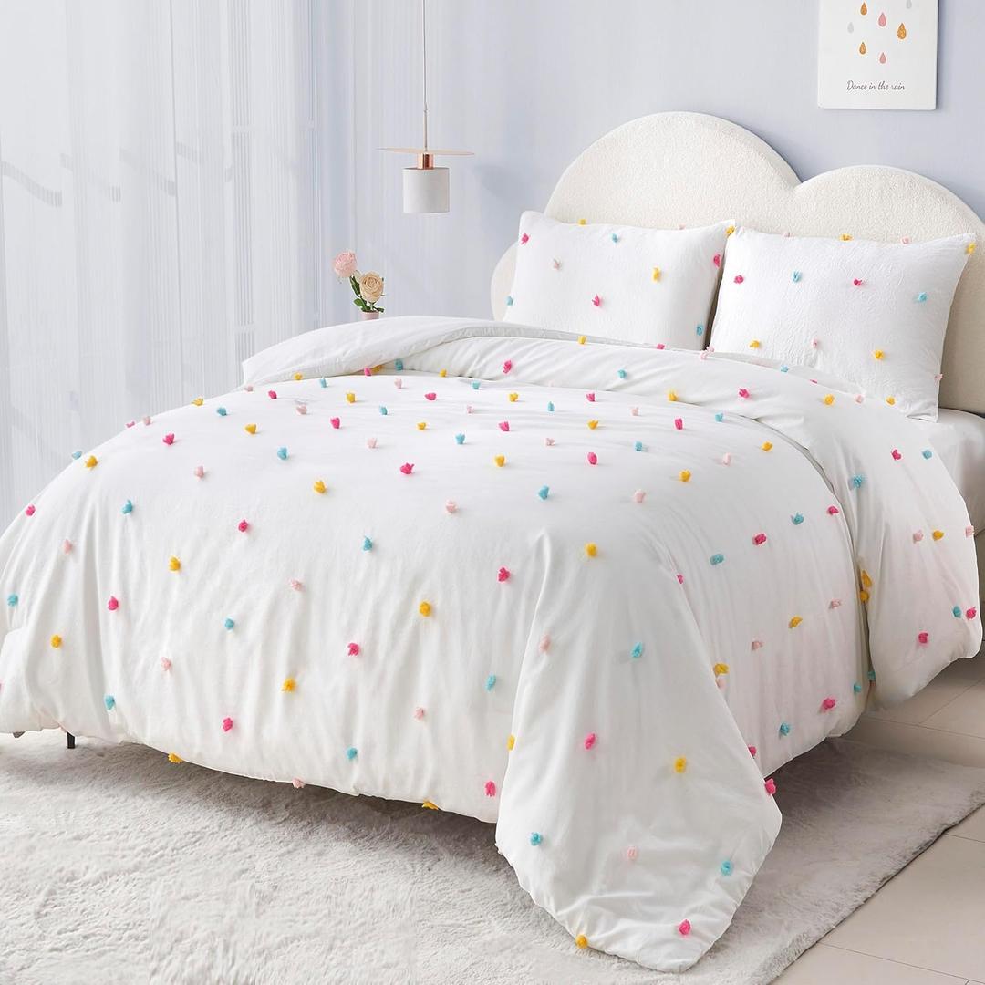 Full Size Kids Comforter Set Colorful Tufted Pom Pom Bedding Set for Girls 3 Piece White Boho Jacquard Quilt Bed in A Bag Lightweight Duvet Bed Set for Kids Teen Girls Bedroom Decor with 2 Pillowcase