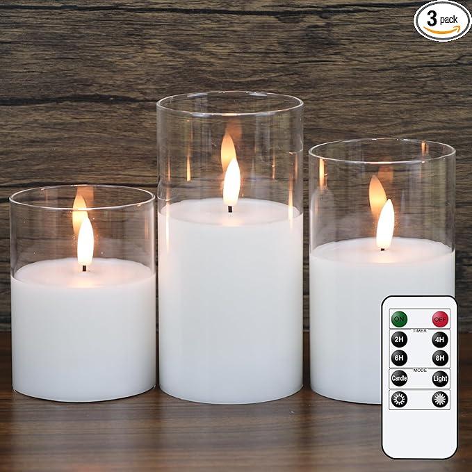 GenSwin Flameless Candles with Remote Timer, Clear LED Battery Operated Candles with Flickering Flame, Glass and Real Wax Pillar Candle Holiday Home Decor(Set of 3, D3”x4”5”6”)