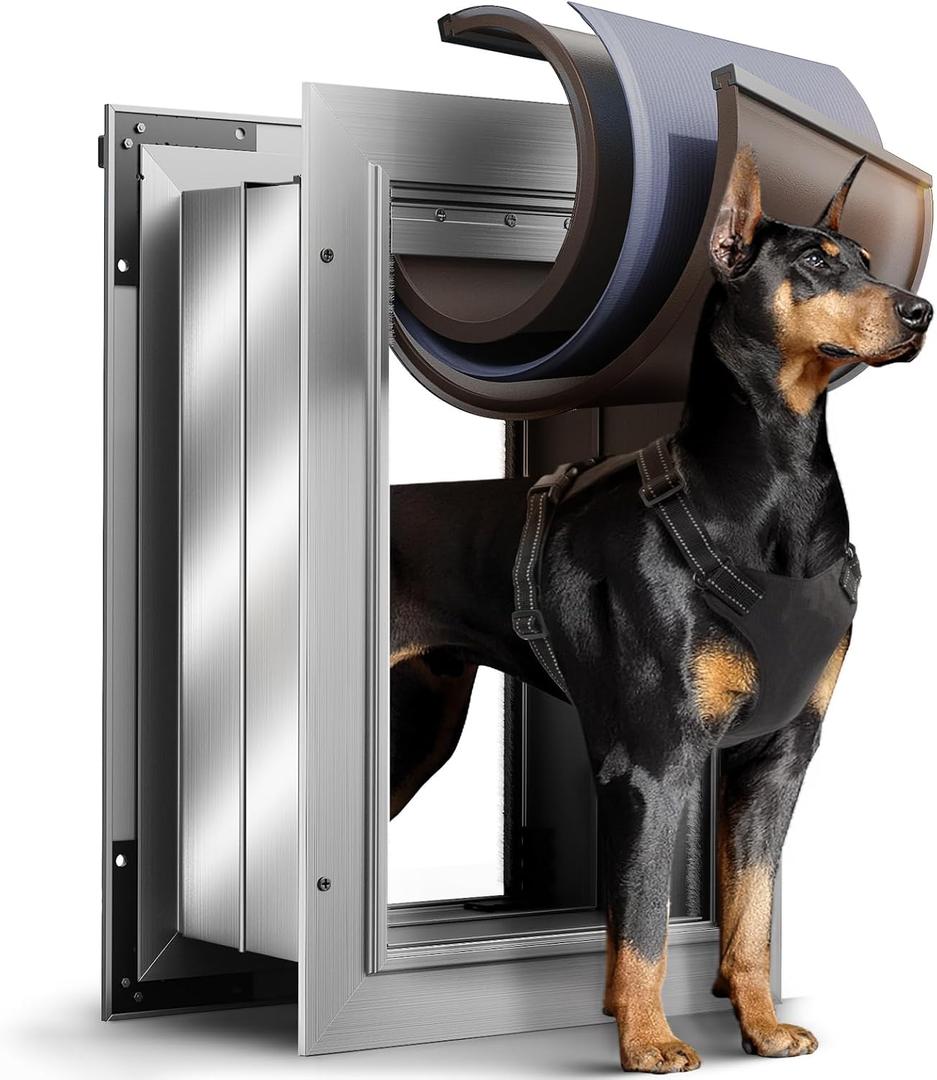 3-Flap Dog Door for Wall, All Aluminum Alloy Large Doggy Door Doggie Door, Heavy Duty Pet Door Easy to Install, Telescoping Tunnel for Interior Exterior Wall, Pet Up to 110LB