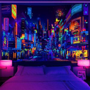 Bzhilja Blacklight Japanese Anime Tapestry, UV Reactive Punk Cityscape Wall Tapestry, Japanese Tokyo Billboards District City 80S Art Wall Hangings for Living Room Bedroom Dorm (90L" x 70W")