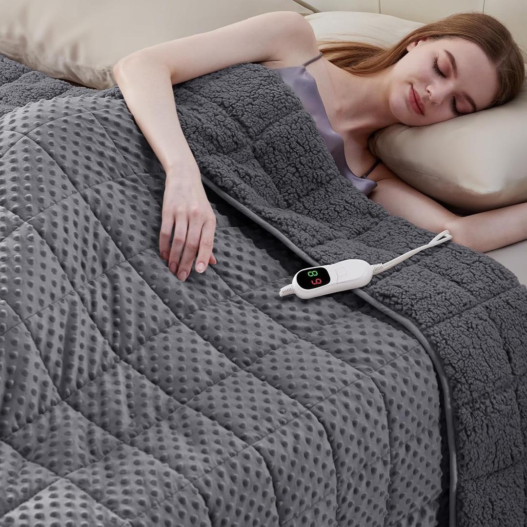 Heated Weighted Blanket for Adults, Soft Electric Throw Blanket 48''x72'' 15LBS Fast Heating Heavy Cozy Blanket with 10 Heating Levels and 1/2/4/6/8 Hours Auto Off (Grey,Twin Size)