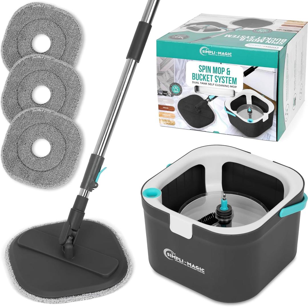 SIMPLI-MAGIC 360 Square Spin Mop and Bucket System  Dual Compartment, Separate Clean & Dirty Water  3 High-Absorbent Microfiber Washable Heads  All Types Floor Cleaning (Gray)
