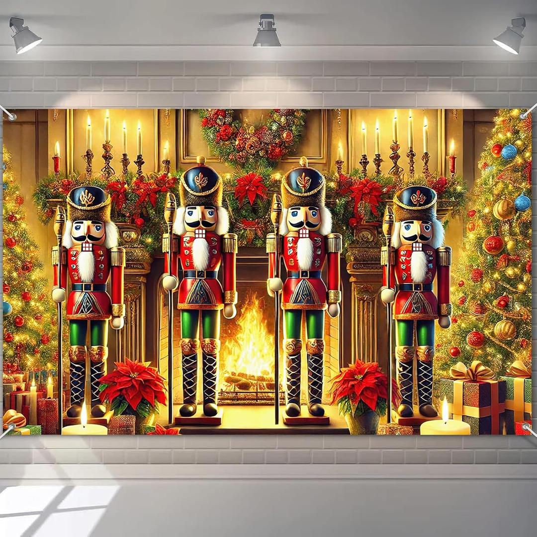 Christmas Nutcracker Banner 71x43 Inch Holiday Fireplace Scene with Tree s and Soldier Figures Backdrop for Winter Celebration Wall Decoration Indoor Festive Display