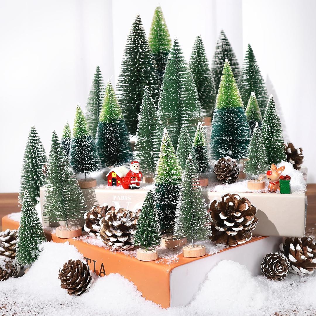 Set of 35PCS Mini Christmas Tree, Christmas Pine Cones, 2oz Fake Snow Powder, Mixed Christmas Decoration, Xmas Village Displays Winter DIY Crafts (Two-Tone Green)