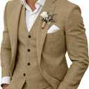 Men's 3 Piece Linen Suits Set Regular Fit Casual Lightweight Blazer Jacket Vest and Pants khaki M