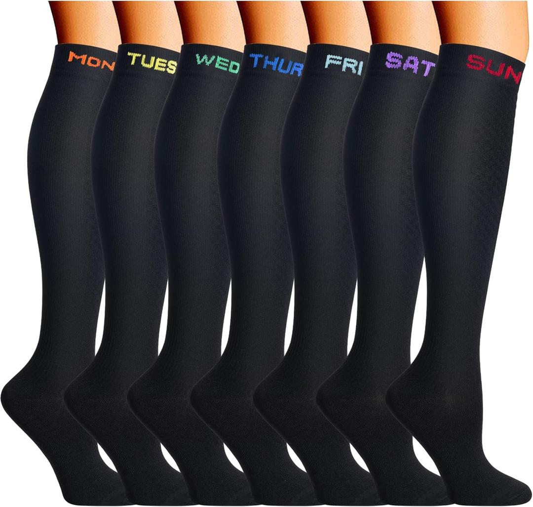 Double Couple 7 Pairs Copper Compression Socks for Men Women Knee High Stockings Support Socks for Sports (Black, S/M)