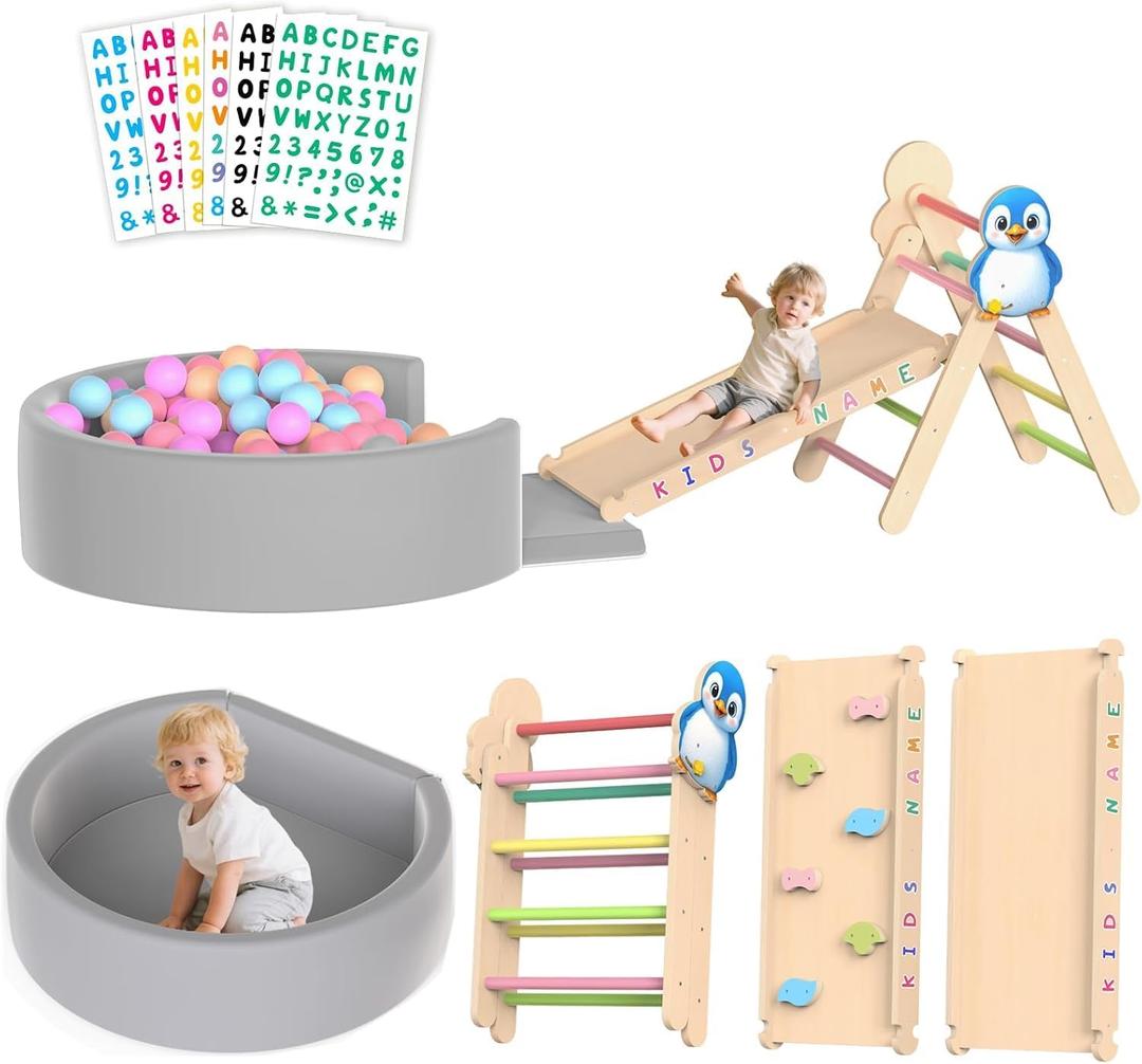 Pikler Triangle Climbing Set with Foldable Ball Pit, Ramp and DIY Stickers