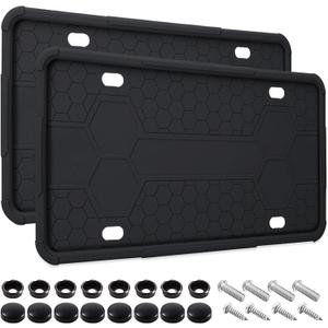 2 Pack Silicone License Plate Frames Black, Car Plate Frame Holder, Universal US Front & Rear Truck Frame Protector Mounting Kit Accessories, Rust Proof, Rattle Proof, Weather Proof (Black)
