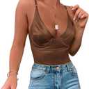 Velius Women's Sexy Metallic Shiny Bodysuit Tank Tops for Night Club Going Out (Large, Brown)