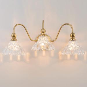 Vintage Bathroom Light Fixtures Over Mirror, 3-Light Brass Wall Sconce Lighting with Flower Glass Shade, Farmhouse Vanity Lights for Bedroom Kitchen Living Room Hallway Light