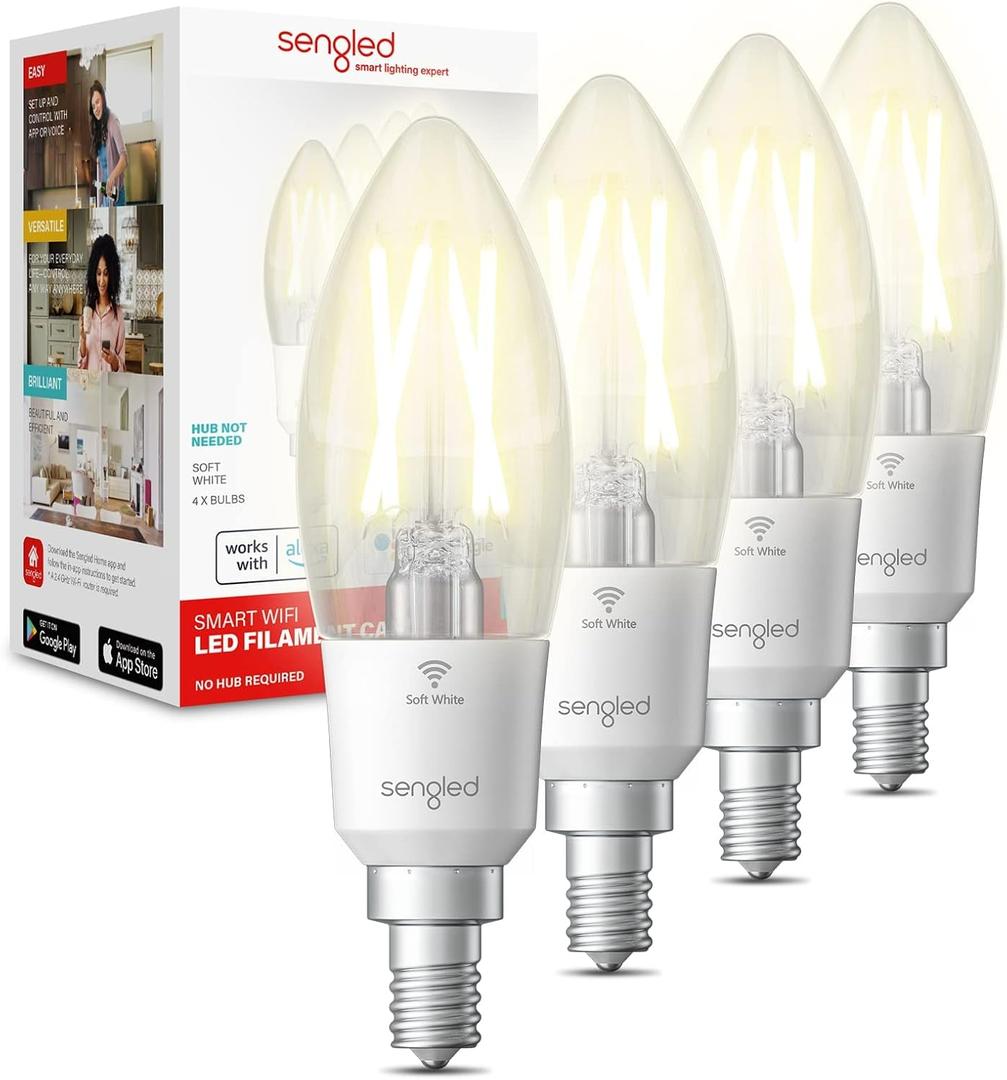 Sengled Smart Light Bulbs, Smart Candelabra LED Bulb, Dimmable Chandelier Light Bulbs, 5W (40W Equivalent) 450LM, Smart Bulbs That Work with Alexa Google, Only 2.4GHz WiFi, No Hub Required, 4 Pack