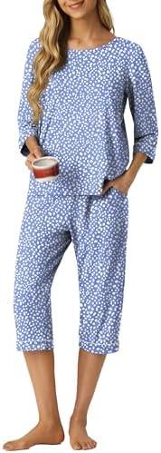 PrinStory Women's Pajama Set Capri Pjs Sets 2 Piece Soft Lounge Sets Sleepwear with Pockets, L