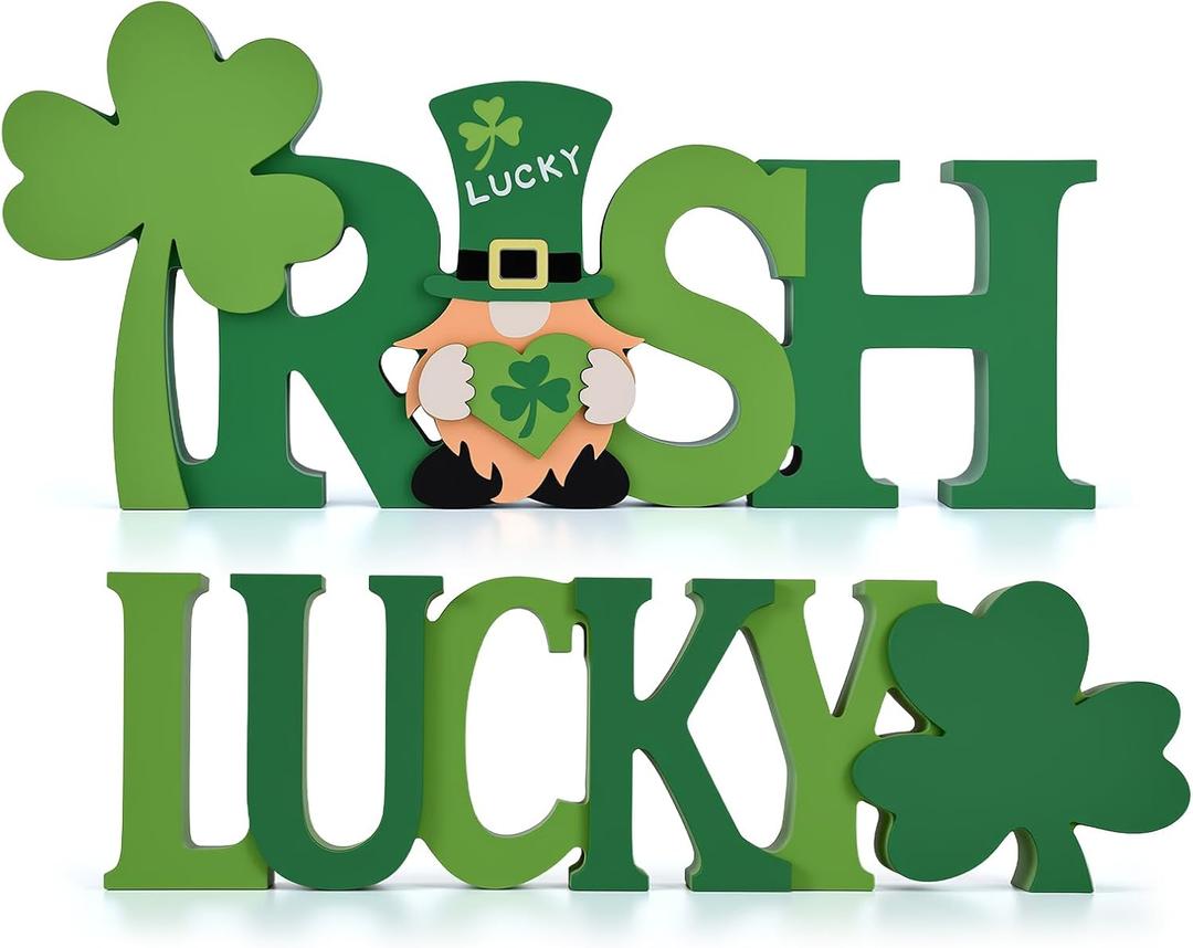 St Patrick's Day Table Decorations 2 Pcs Wooden Shamrock Gnome Lucky Sign Centerpieces for Table Tiered Tray Decor, Green Irish Leprechaun Themed Decor for Saint Patty's Party Home Farmhouse