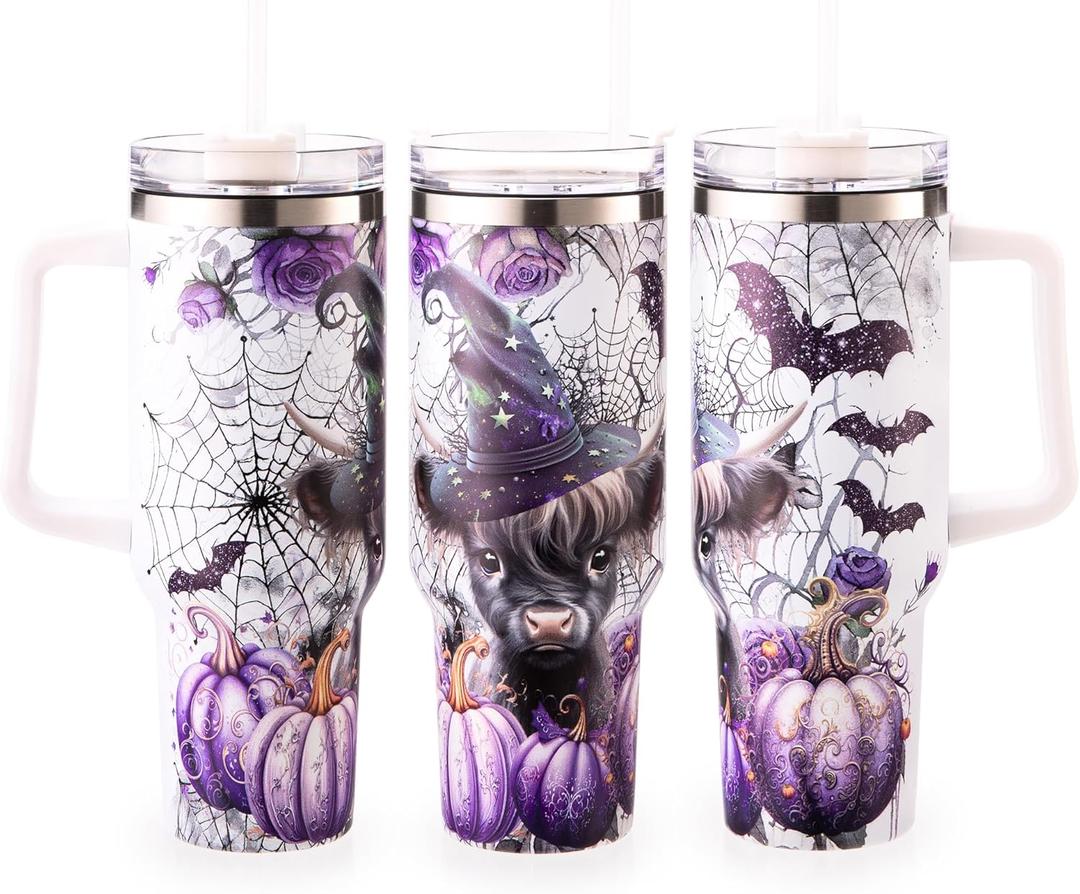 40oz Skull Flower Tumbler With Lid and Straw, 40oz Tumbler Wrap, Stainless Steel Insulated Tumbler for Water, Iced Tea or Coffee (Purple Pumpkin Bat)