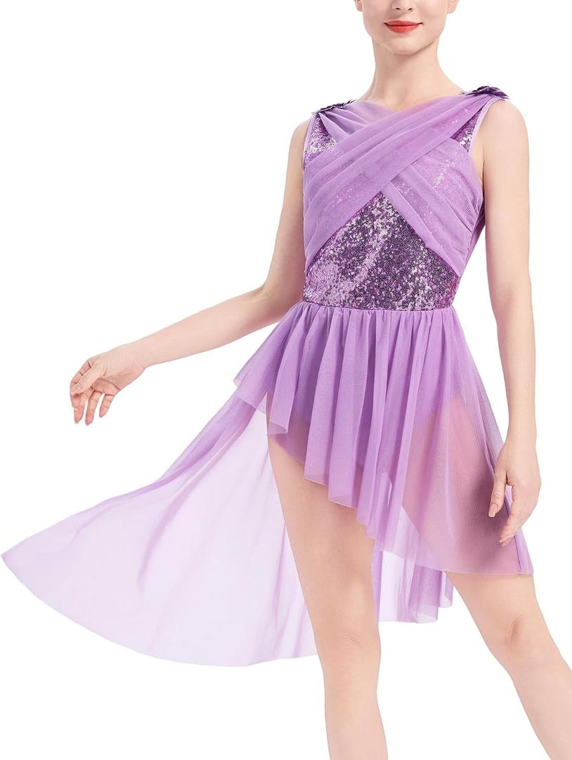 ODASDO Women Elegant Lyrical Dance Dress Lace Cap Sleeve Asymmetrical Tulle Skirt Leotard Contemporary Costume, Large, Light Purple