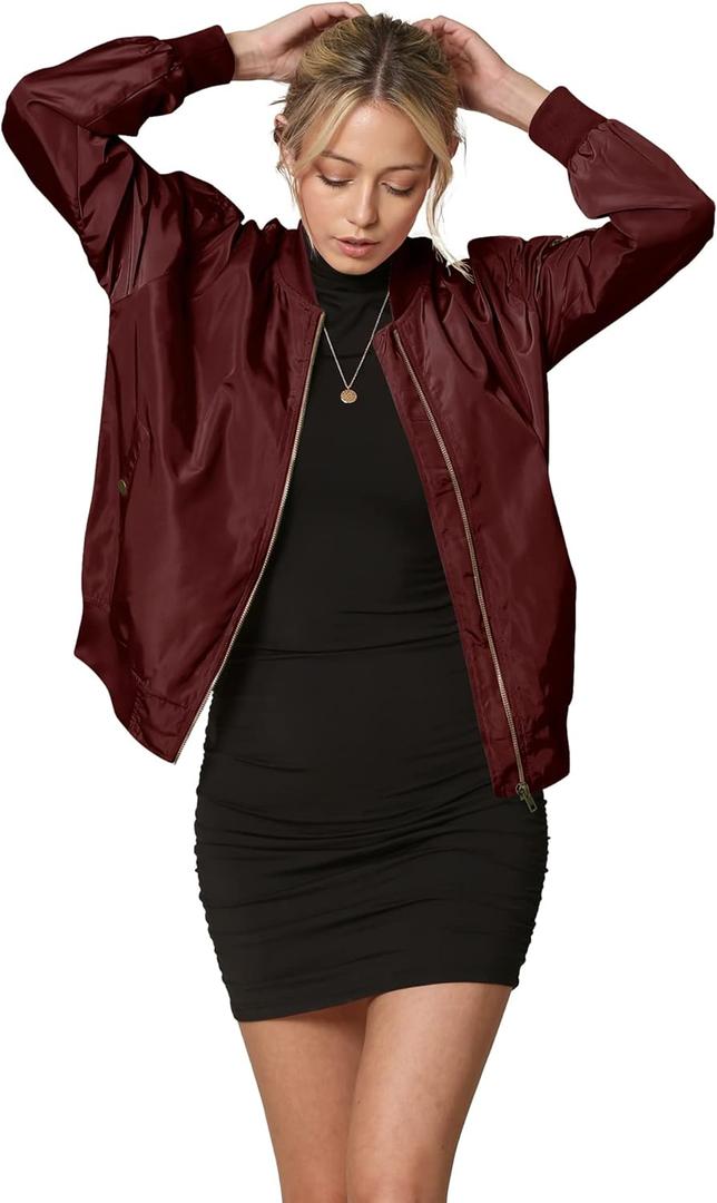 Lock and Love Women's Classic Lightweight Jacket Multi Pocket Windbreaker Bomber Jacket (Wjc2157_wine) S