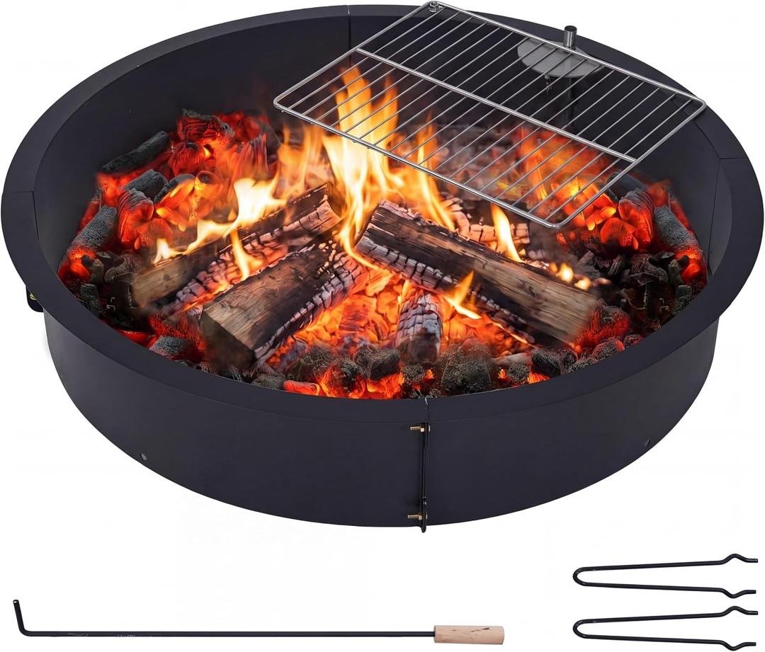 36 Fire Pit Ring, Large Outdoor Campfire Pit, 34-Inch Inner Fire Pit Ring Smokeless, Smokeless Steel Firepit with Air Vent for Patio Backyard Garden, DIY Campfire Insert Above, In-Ground