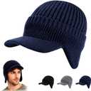 Cozy Head Beanie with Brim and Ear Flaps,Winter Knit Beanies for Unisex,Warm Ear Protection Knitted Hat Winter Beanie, Navy 