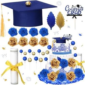 Jingmore Graduation Cake Kit: Felt Cap, Diploma, Congrats Topper, Beads Leaf Flowers (Blue & Gold, 33 Count)