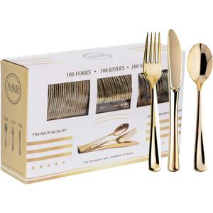 N9R 300PCS Gold Plastic Silverware, Heavy Duty Gold Plastic Cutlery Set Disposable Flatware Dinnerware, 100 Forks, 100 Spoons, 100 Knives, Perfect for Party, Wedding and Daily Use