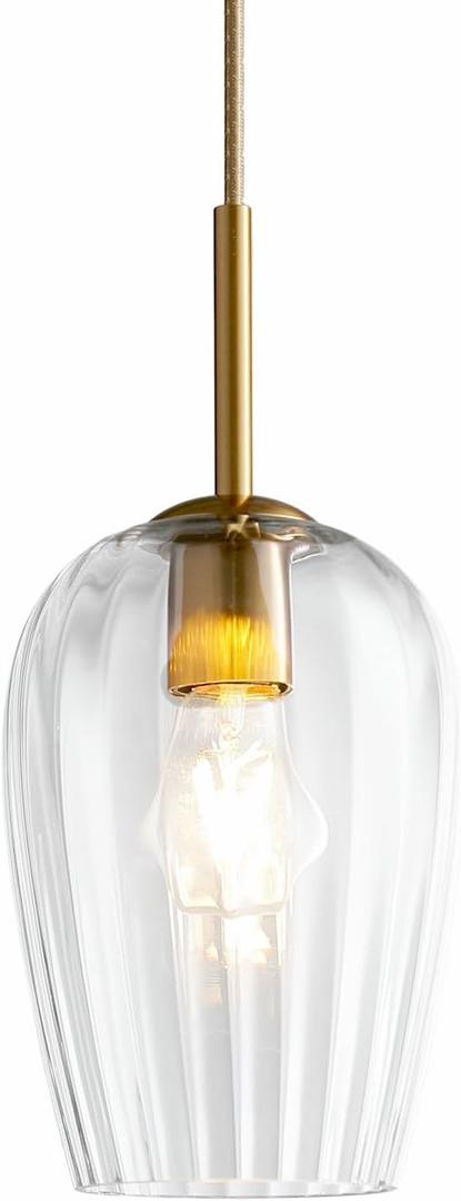 Clear Glass Lampshade Chandelier, Kitchen Ceiling Hanging Lamp Island Light, 5.9" Mini Brushed Gold Modern Pendant Lighting Fixture for Dining Living Room, Entryway