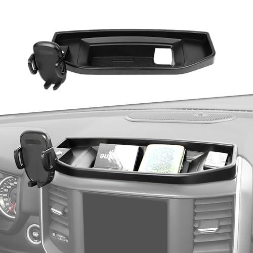 JeCar Dash Phone Holder Dashboard Cellphone Clamp Upgrade Aluminum Alloy Ball Mount with Storage Tray Interior Accessories Compatible with RAM Truck 2018-2022, Do Not Fit 12-inch Screen Model