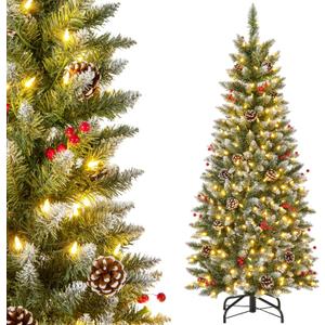 Happygrill 4ft Pre-lit Artificial Christmas Tree Slim Artificial Xmas Tree with 250 LED Lights & 408 Branch Tips Berries and Pine Cones Included, Decoration Tree for Festival Holiday