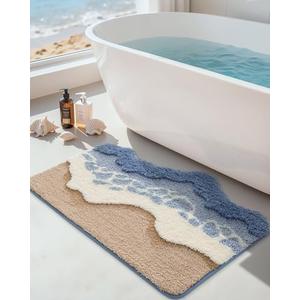 DEXI Cute Bath Mats for Bathroom, 32x20 Washable Absorbent Ocean Wave Bathroom Rugs with Rubber Backing, Extra Soft Plush Microfiber Bathmat for Shower Floor, Tub, Sink, Bedroom, Blue