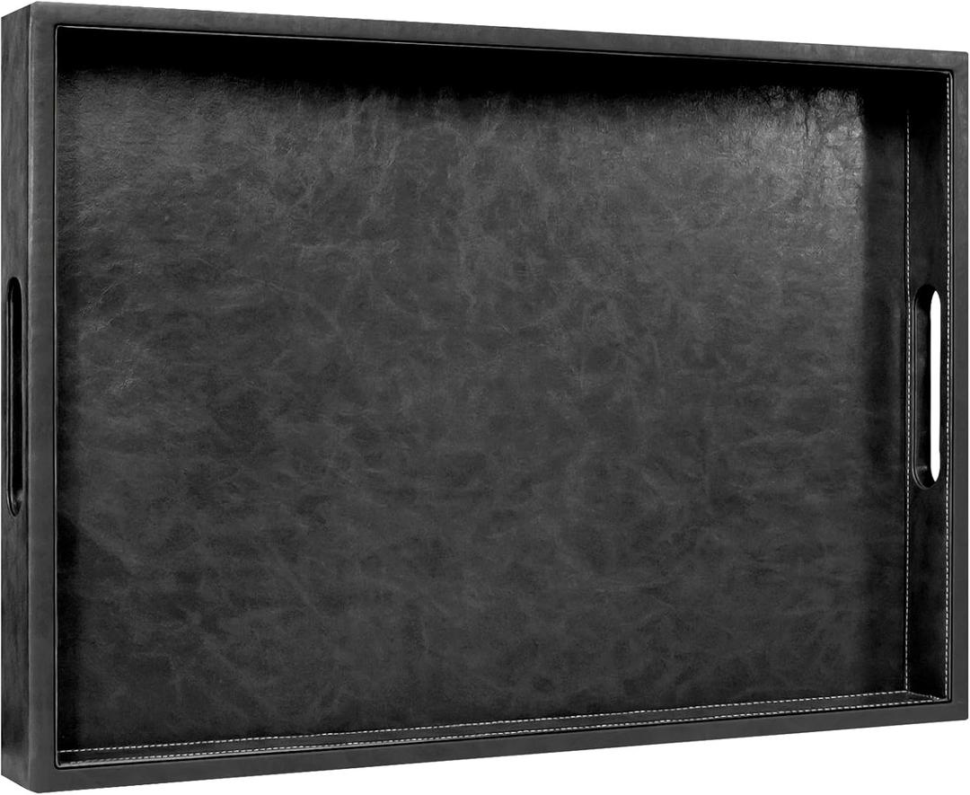 20 * 14 inches Leather Rectangle Serving Tray with Hole Handles,High-End Light Large Service Tray for Ottoman Tray, Tea, Food, Butler - Countertop, Kitchen,Family Dinner, Picnic (Black)