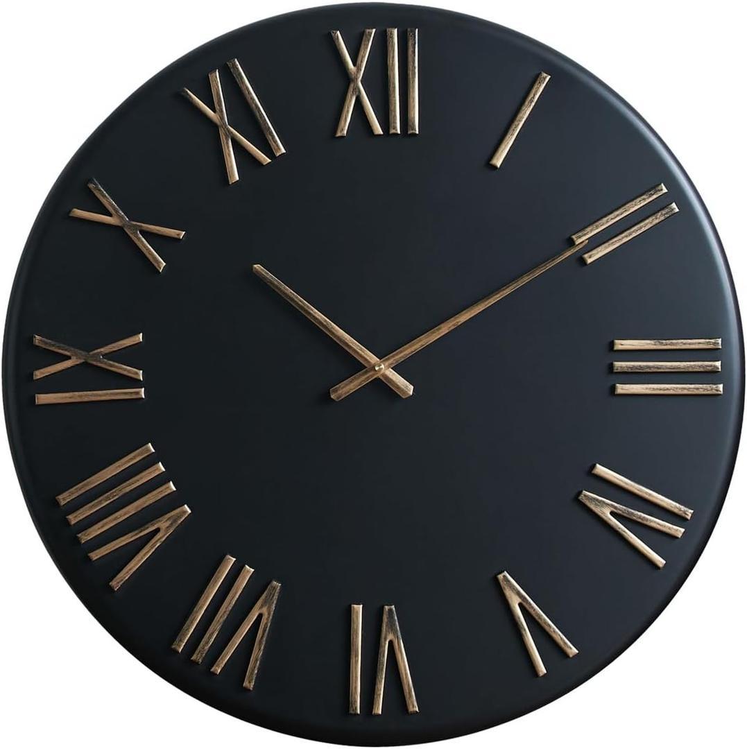 Large Modern Wall Clock - 24 inch, Contemporary Simple, Matte Black, Distressed Gold Roman Numerals, Metal Face, Battery Operated, Minimalist Decorative Wall Clock for Living Room, Entryway, Kitchen
