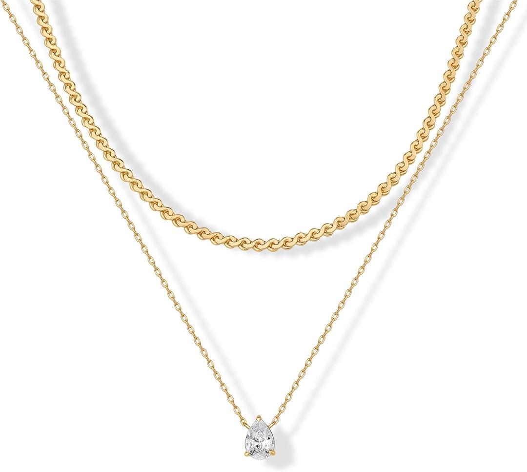 PAVOI 14K Gold Plated Twisted Singapore Chain Layering Choker with Round Solitaire and Serpentine Chain Layering Choker with Pear-Cut Stone Pendant Necklace Pack for Women | Cubic Zirconia Statement Layered Necklace Set