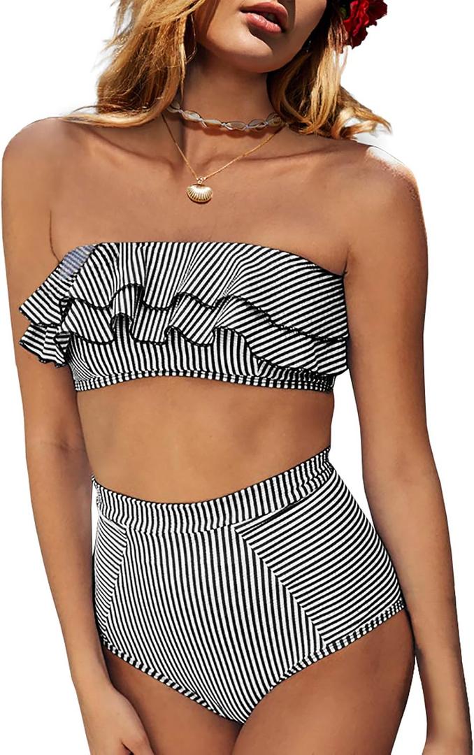 Saodimallsu Women High Waisted 2 Piece Bikini Set Bandeau Ruffle Swimsuit Top Striped Bathing Suits (Medium, Black)