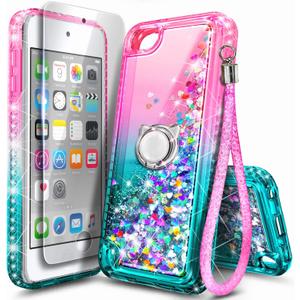 NGB iPod Touch 7 Case, iPod Touch 6/5 Case with HD Screen Protector and Ring Holder for Girls Women Kids, Glitter Liquid Soft TPU Clear Cute Case for Apple iPod Touch 7th/6th/5th Generation -Pink/Aqua