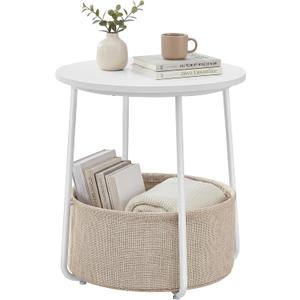 SONGMICS HOME Small Side Table, Round End Table, 2 Tier Nightstand with Basket, U Shaped Steel Legs, Easy Assembly, for Living Room, Bedroom, White and Brown, 1 pack