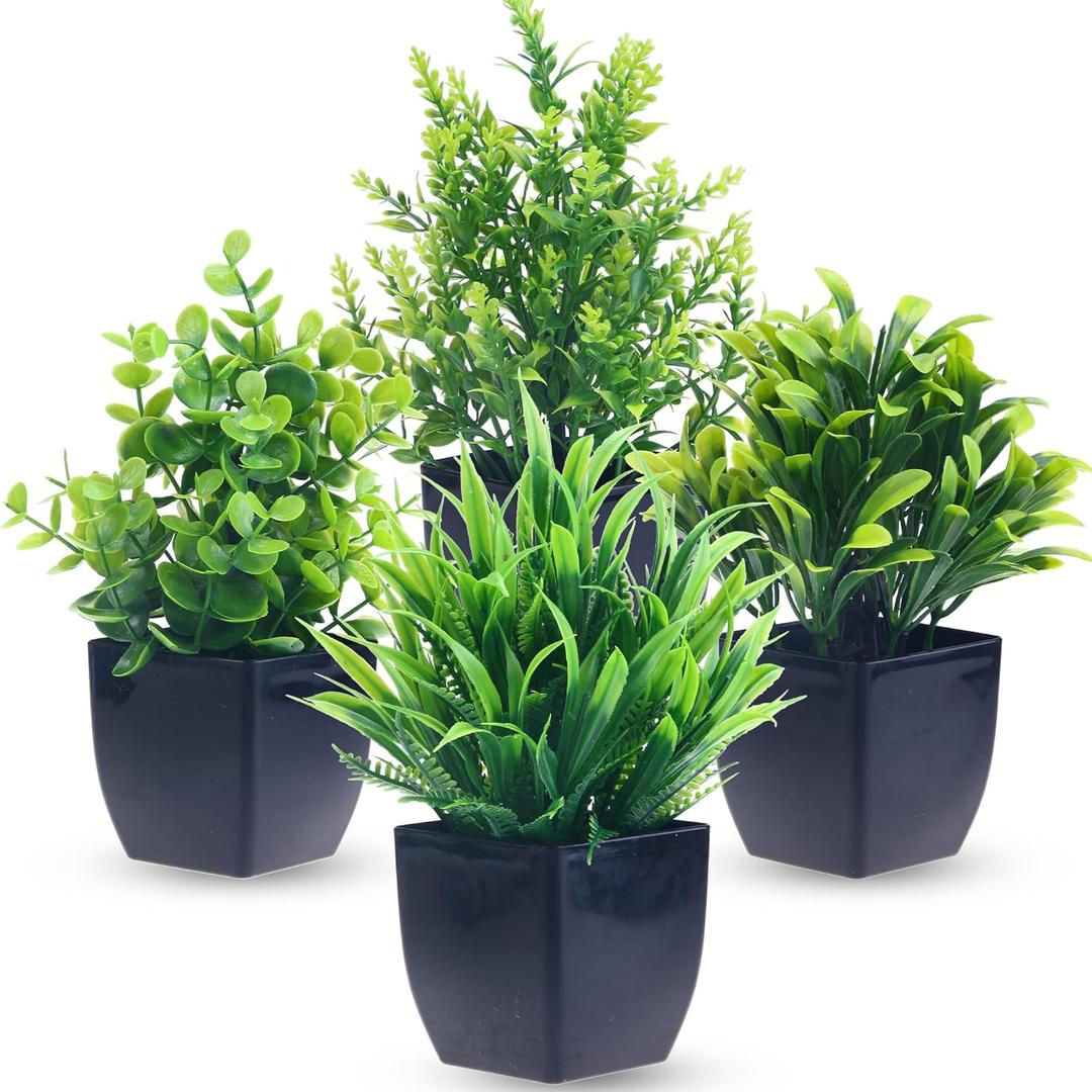 GREENTIME 4 Pack Fake Plants in Black Pot Mini Artificial Eucalyptus Potted Plant Small Faux Grass Greenery Potted for Indoor Home Office Farmhouse Bathroom Table Decoration (Black-natural)