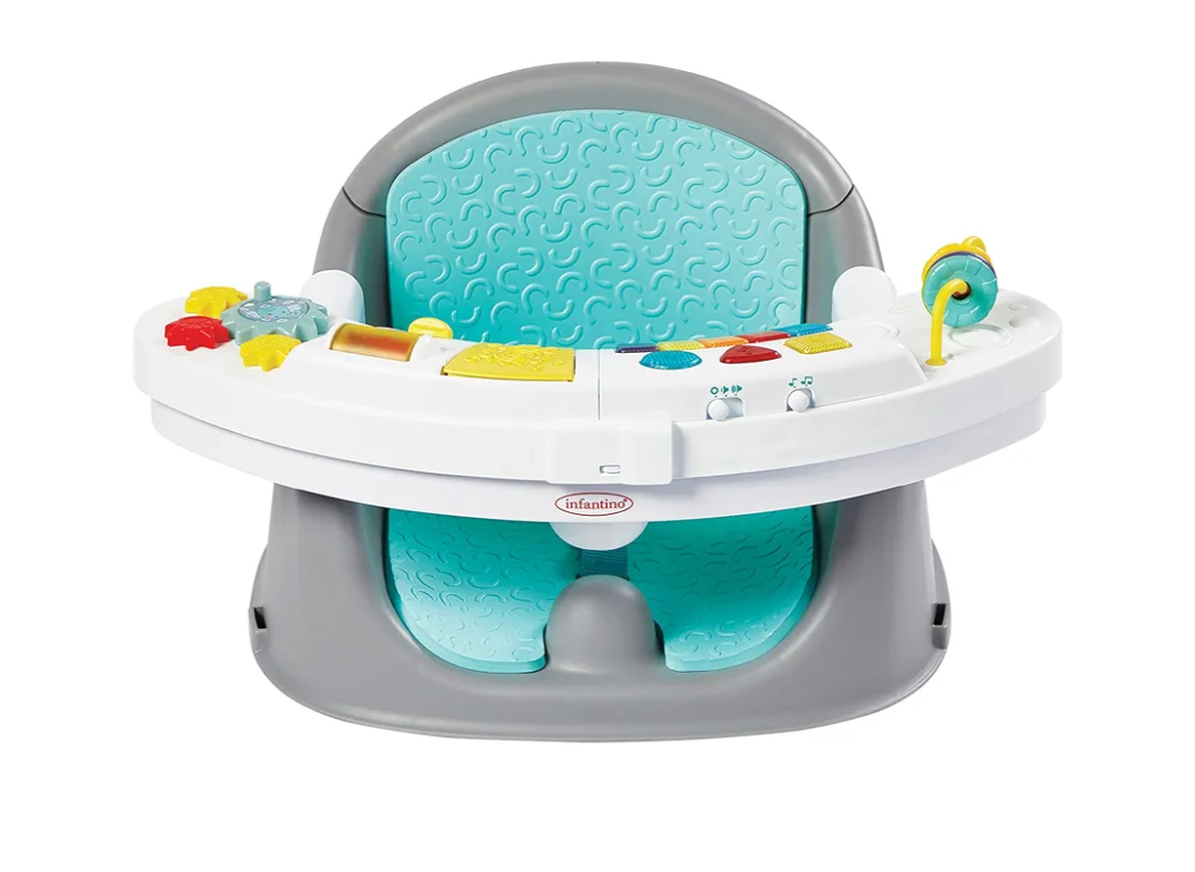 Infantino Music & Lights 3-in-1 Discovery Seat & Booster, Toddler Booster Seat for Dining Table or Kitchen Chair, Baby Activity Center & Snack Tray, Teal