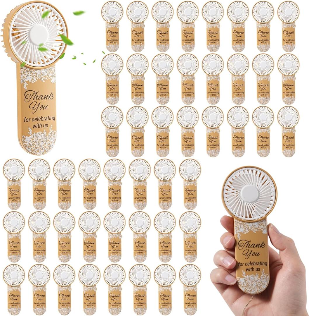 50 Pcs Mini Electric Handheld Fans for Wedding Guests Bulk, Portable Wedding Fans Battery Powered with Flower & Thank You for Celebrating with Us Patterns, Battery Not Include (Brown)