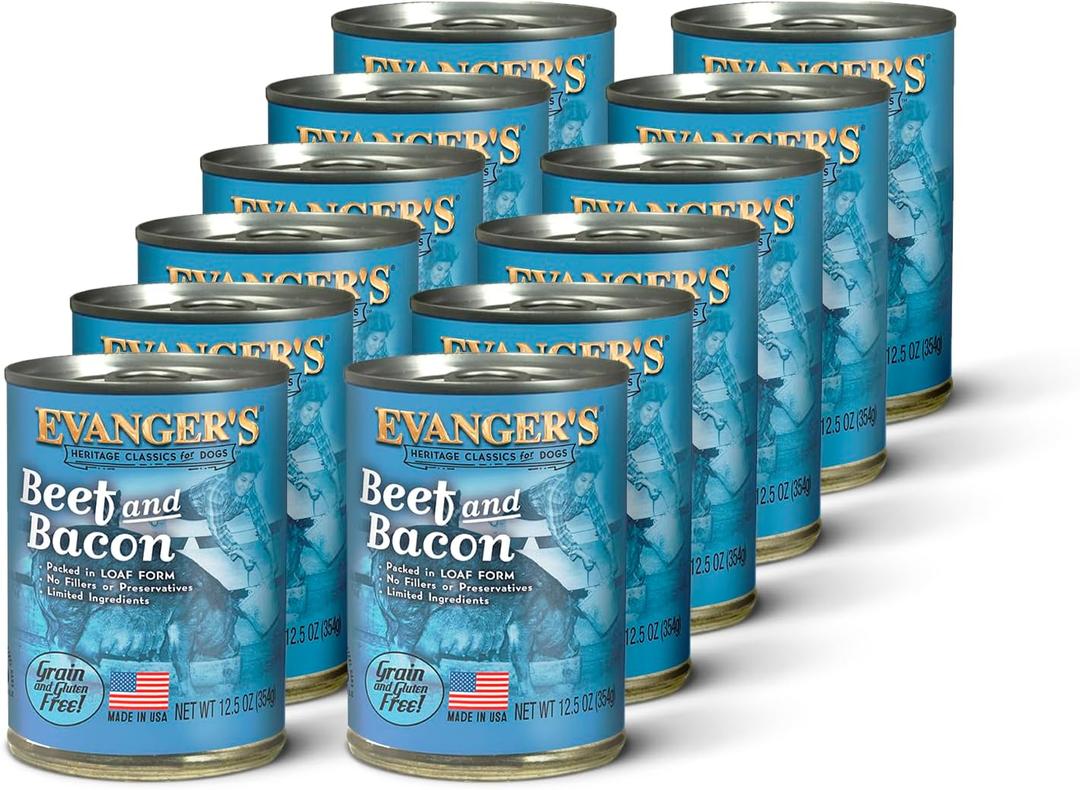 Evanger's Heritage Classics Beef & Bacon Dog Food 12 Count, 12.5 oz Each Grain & Gluten Free Loaf for Dogs Limited Ingredient Recipe Natural Protein-Rich Nutrition (BB: January 2029)