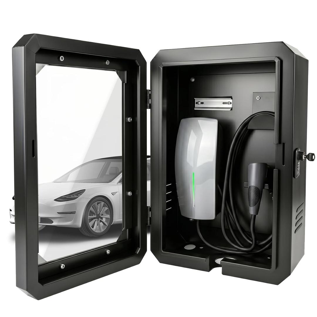 Wall-Mounted EV Charger Protection Box Compatible with Tesla Standard Most EV Chargers, Universal Weatherproof Charging Station Cover Case with Lock for Indoor, Outdoor, Home and Commercial
