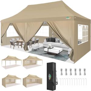 COBIZI 10x20 Pop Up Canopy with 6 Sidewall, Commercial Canopy UPF 50+ Waterproof Outdoor Gazebo with Carry Bag, Tents for Parties with Upgrade Frame, 3 Height Adjustable, Khaki