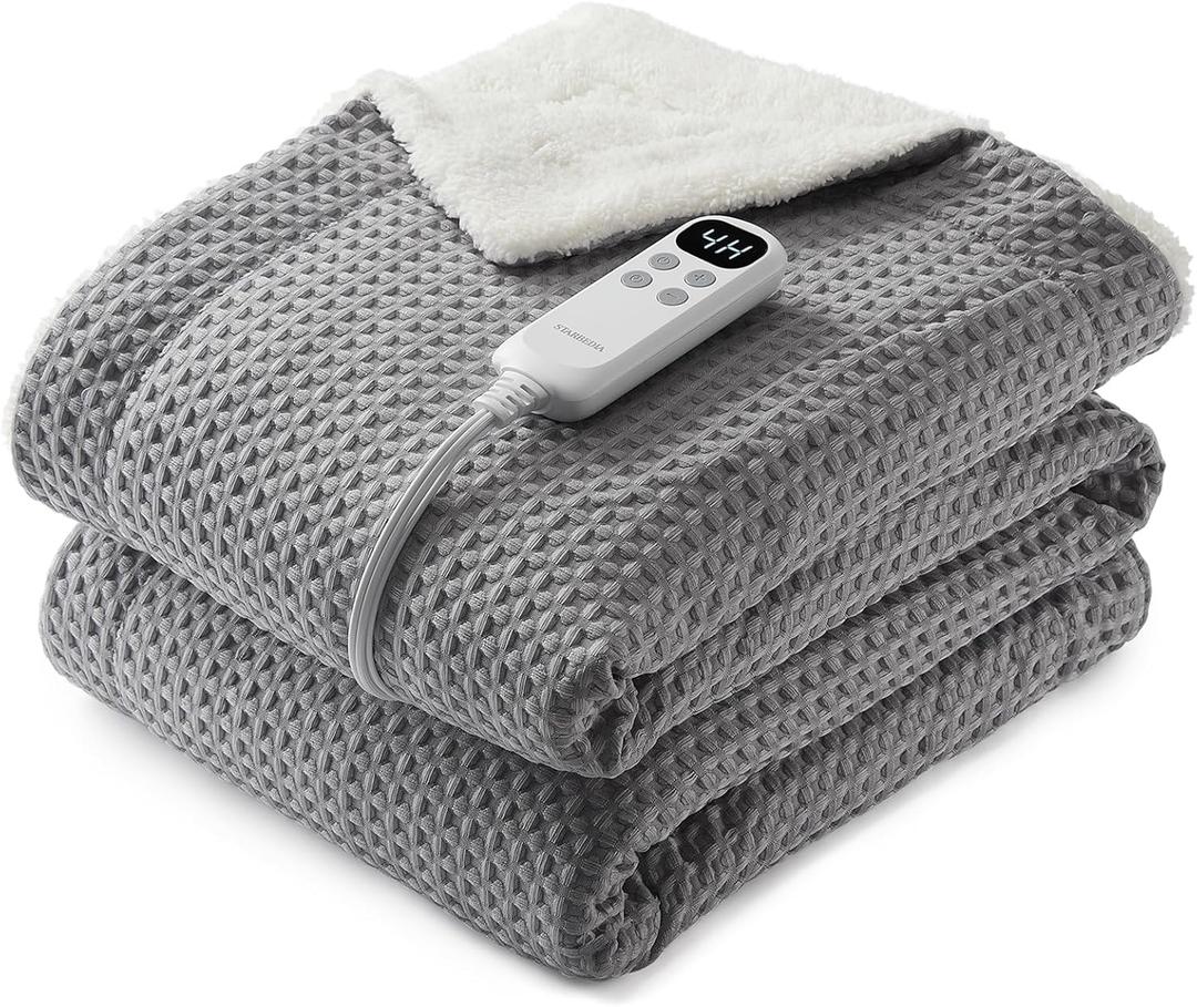STARBEDIA Waffle Heated Throw Blanket, Machine Washable Electric Blankets Fast Heating with LCD Controller, 6 Heat Levels & 1-4H Time Settings, ETL Certified Heat Throw for Couch, Grey, 50" x 60"