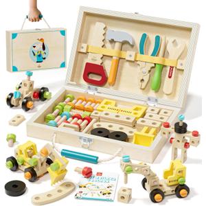 Lehoo Castle Kids Tool Set with Toolbox, Wooden Toys for 3 4 5 Years Old Boy Birthday Gift, Construction Play Tools, STEM Learning Toys for Preschooler, Pretend Play Gifts for Christmas