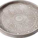 12" Boho Decorative Tray for Home Decor, Round Wood Coffee Table Tray Decor, Rustic Washed Ottoman Tray for Living Room, Small Wooden Carved Circle Serving Tray Centerpiece Dcor