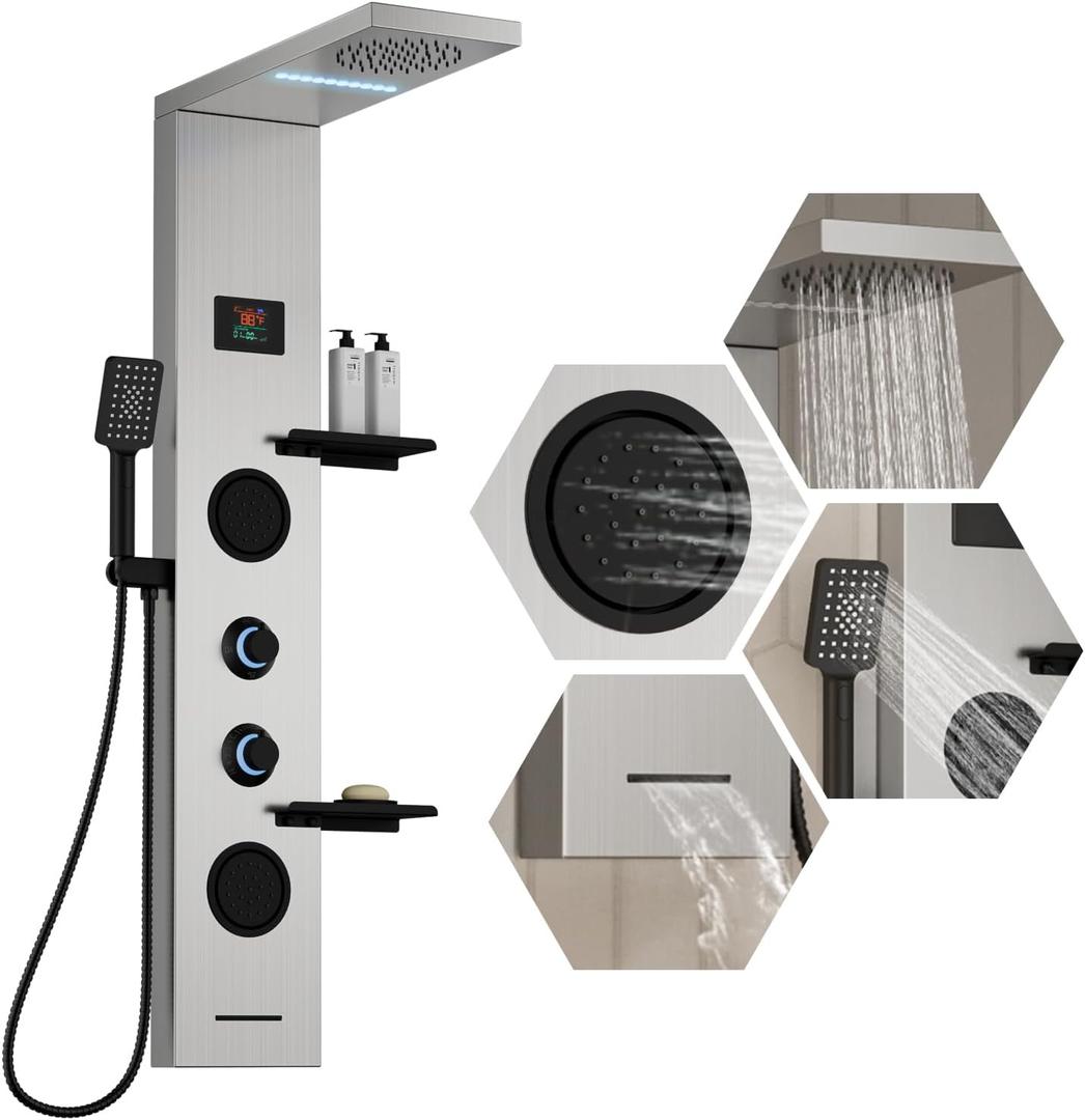 Homevacious 4 In 1 Shower Panel System with Shelf,LED Rainfall Shower Head and Massage Body Jets,3 Functions Handheld Head and Tub Spout,Stainless Steel Bathroom Shower Fixtures,Brushed Nickel